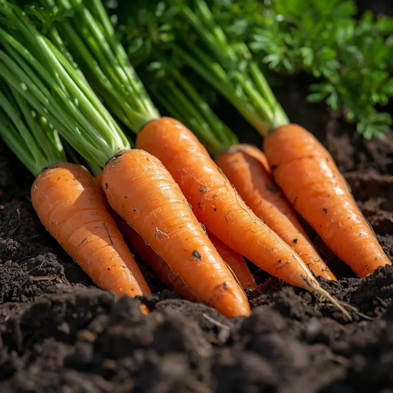 Carrots partially pulled from soil with green tops