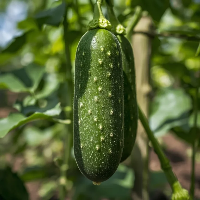 Green cucumbers growing on vine in garden
