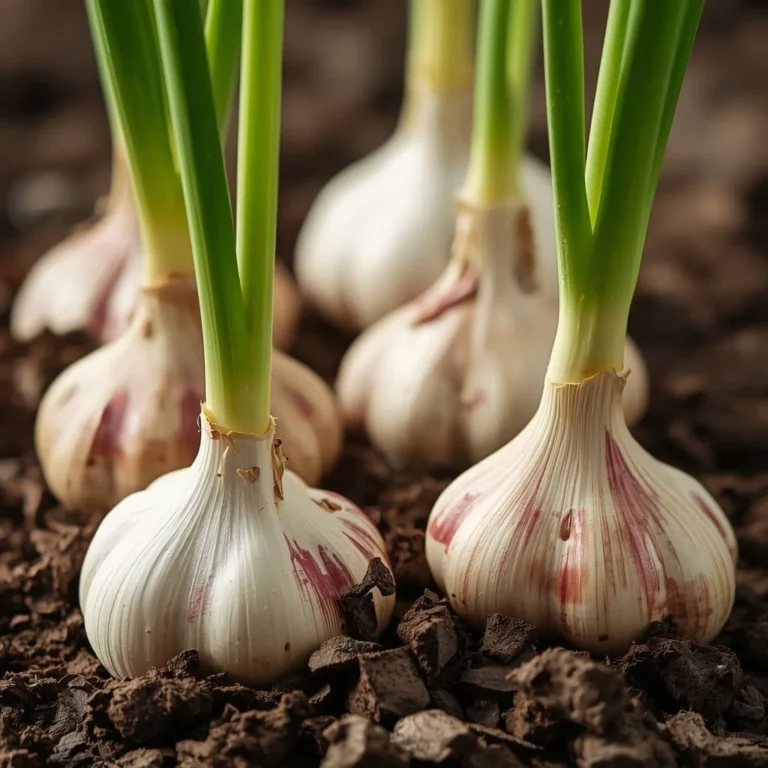Garlic bulbs growing in garden soil with green stems