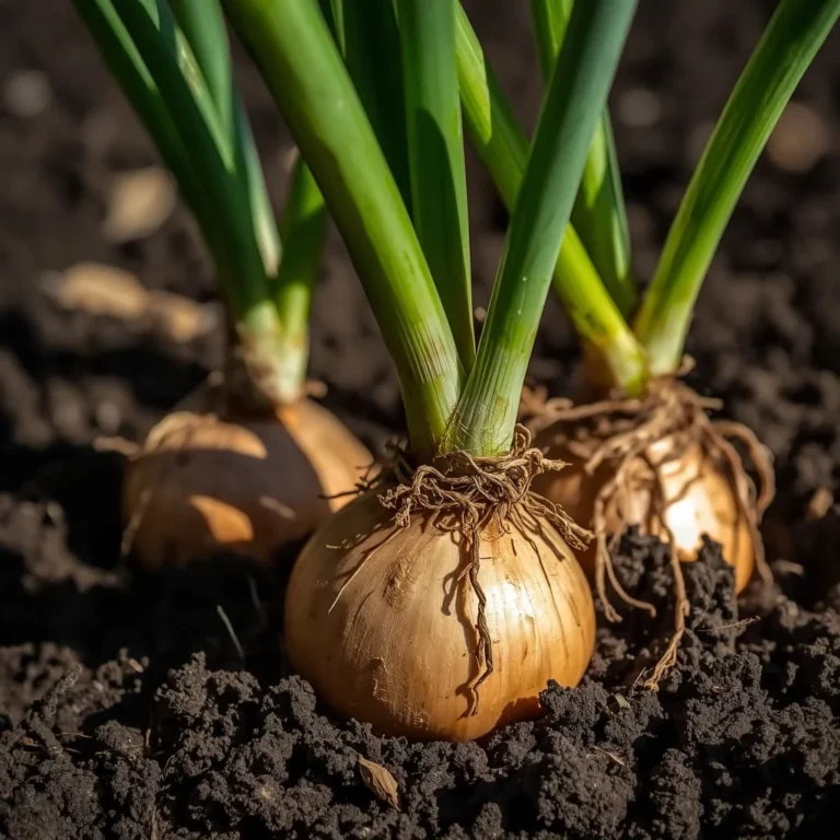 Onions growing in soil with green tops visible