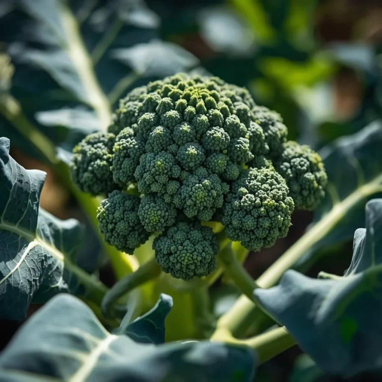 Fresh broccoli head growing in a home vegetable garden