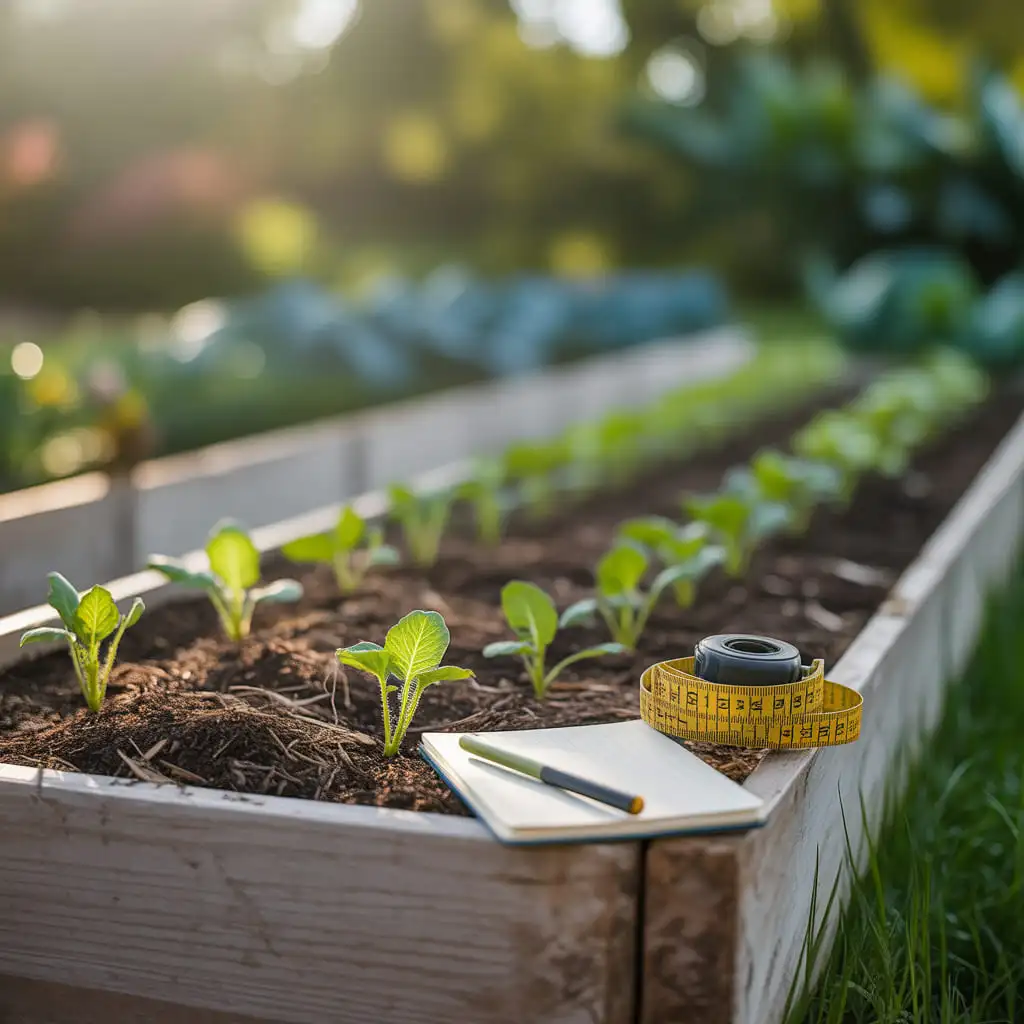 Backyard raised bed with young vegetable seedlings, mulch, and a notebook with measuring tape for garden planning