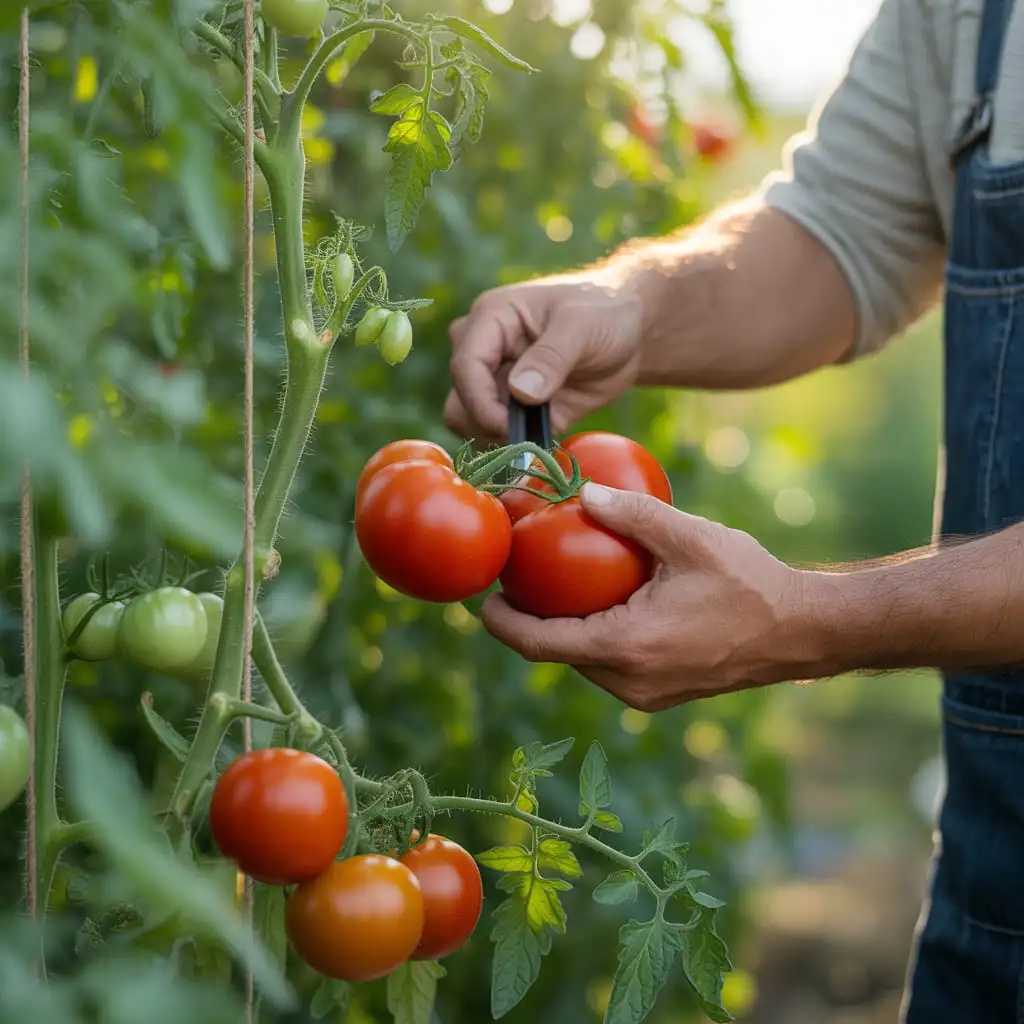 Farmer picking ripe red tomatoes from a tomato plant during harvest in a vegetable garden