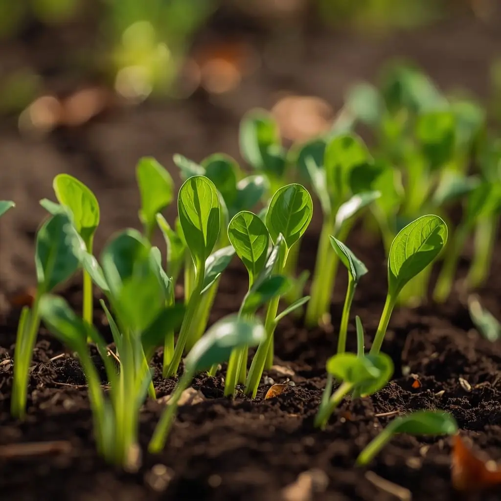 fresh spinach seedlings growing in garden soil in early spring