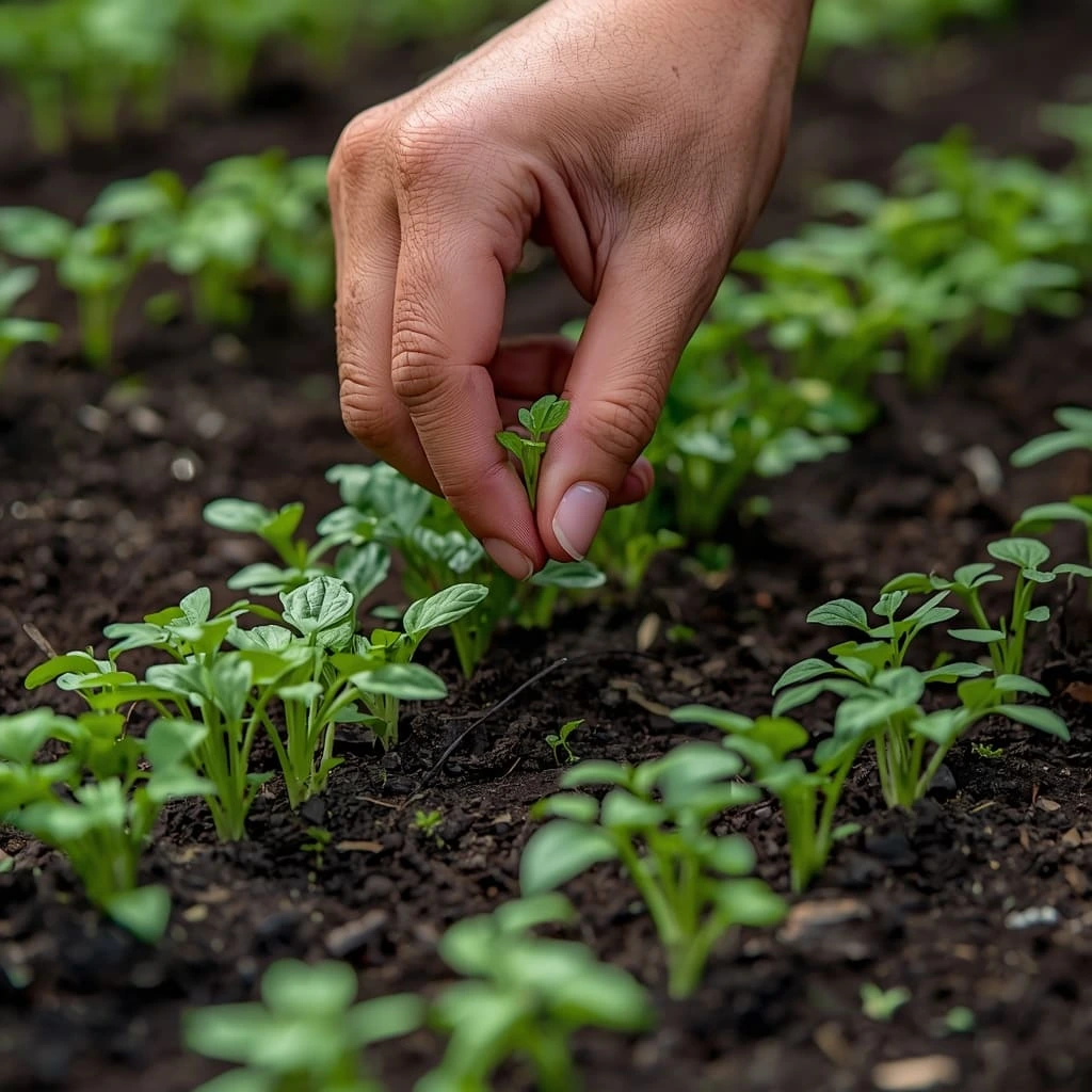 Gardener thinning young carrot seedlings by hand in a garden bed