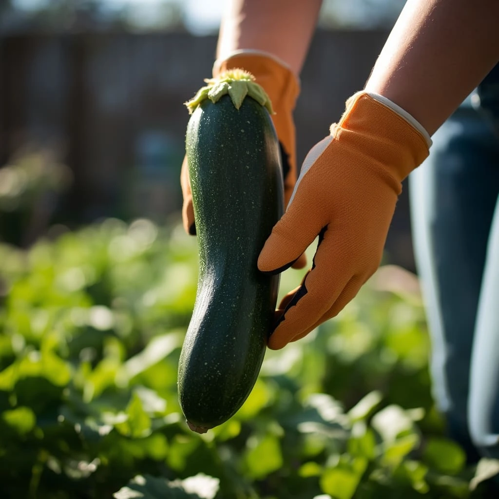 gardener harvesting fresh green zucchini from backyard garden