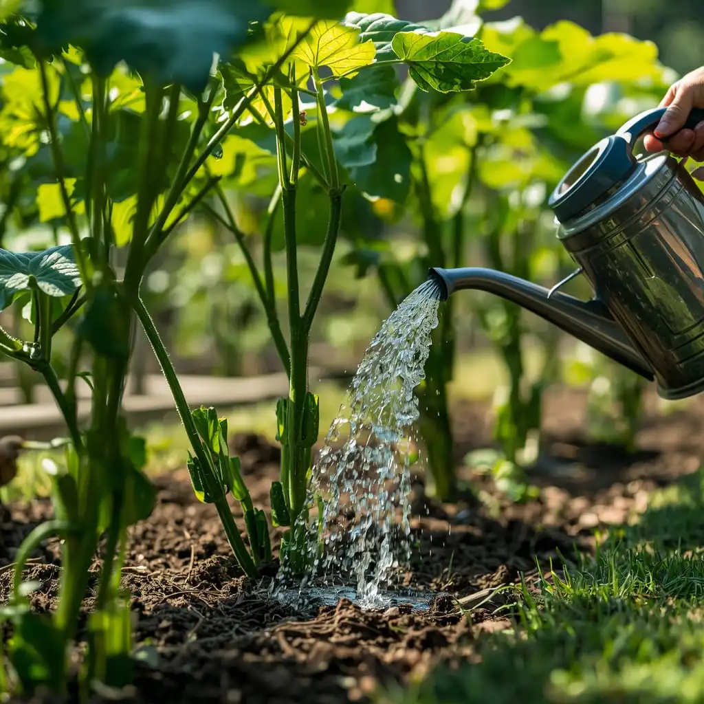 Gardener watering cucumber plants at the base with a watering can