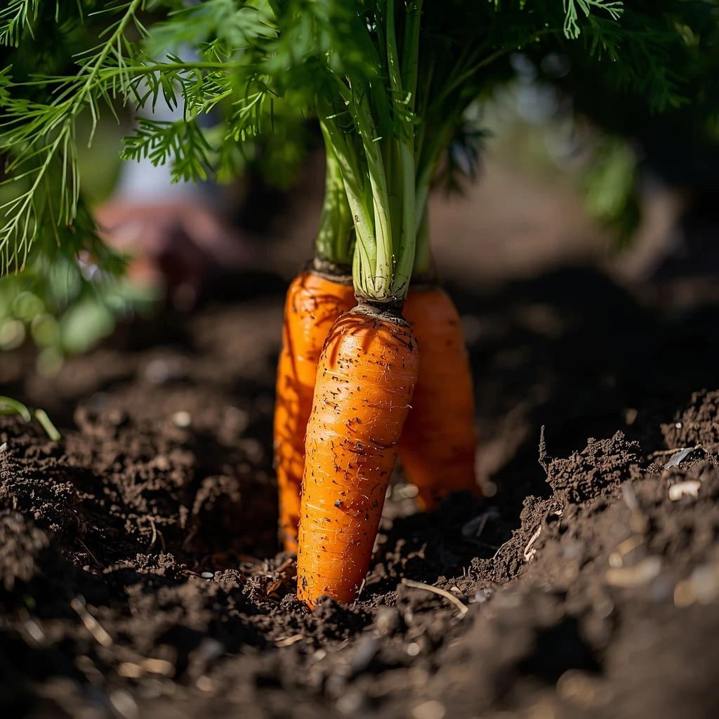 Gardener pulling fresh bright orange carrots from dark garden soil with leafy tops attached