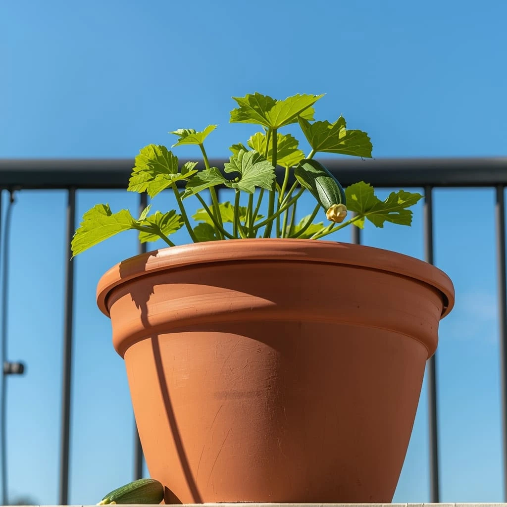zucchini plant growing in a large container pot on a sunny balcony