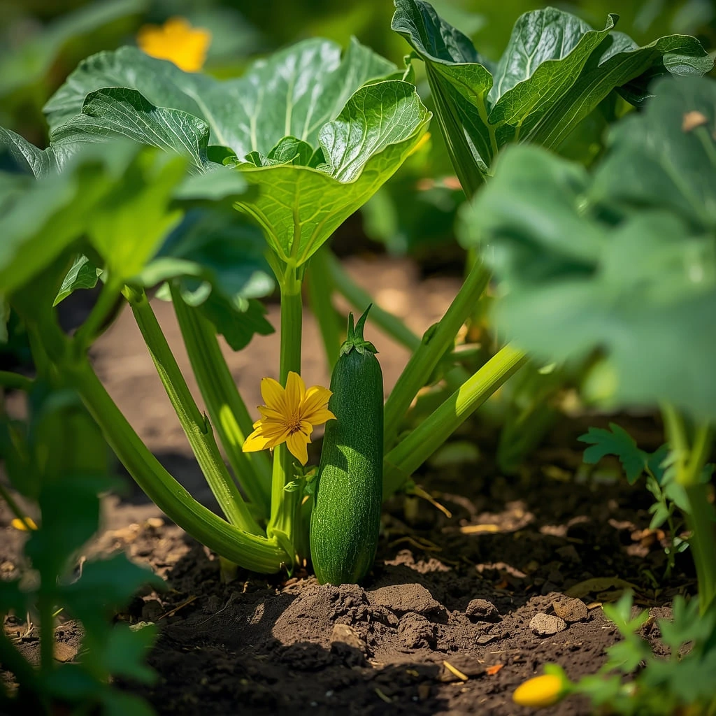 zucchini plants growing in a home garden bed with yellow flowers