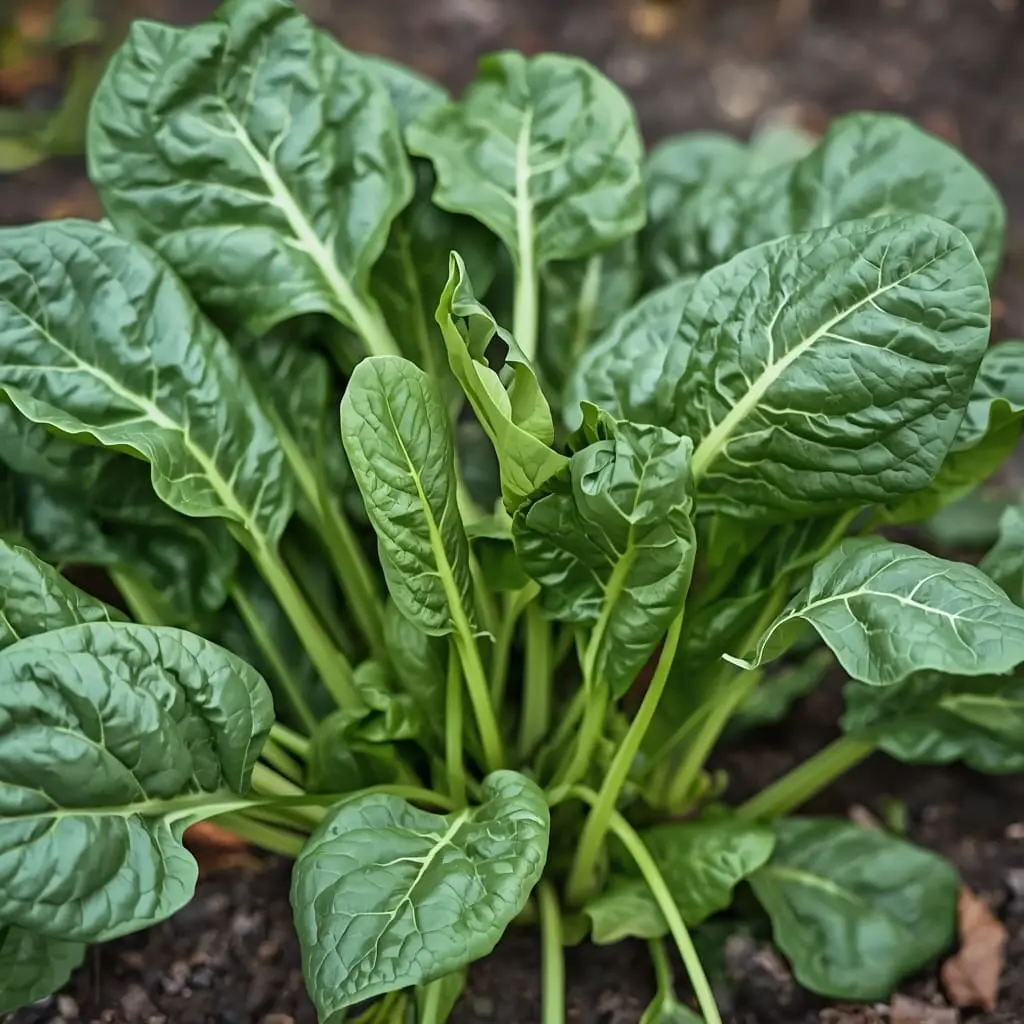 mature spinach plant with dark green healthy leaves ready to harvest