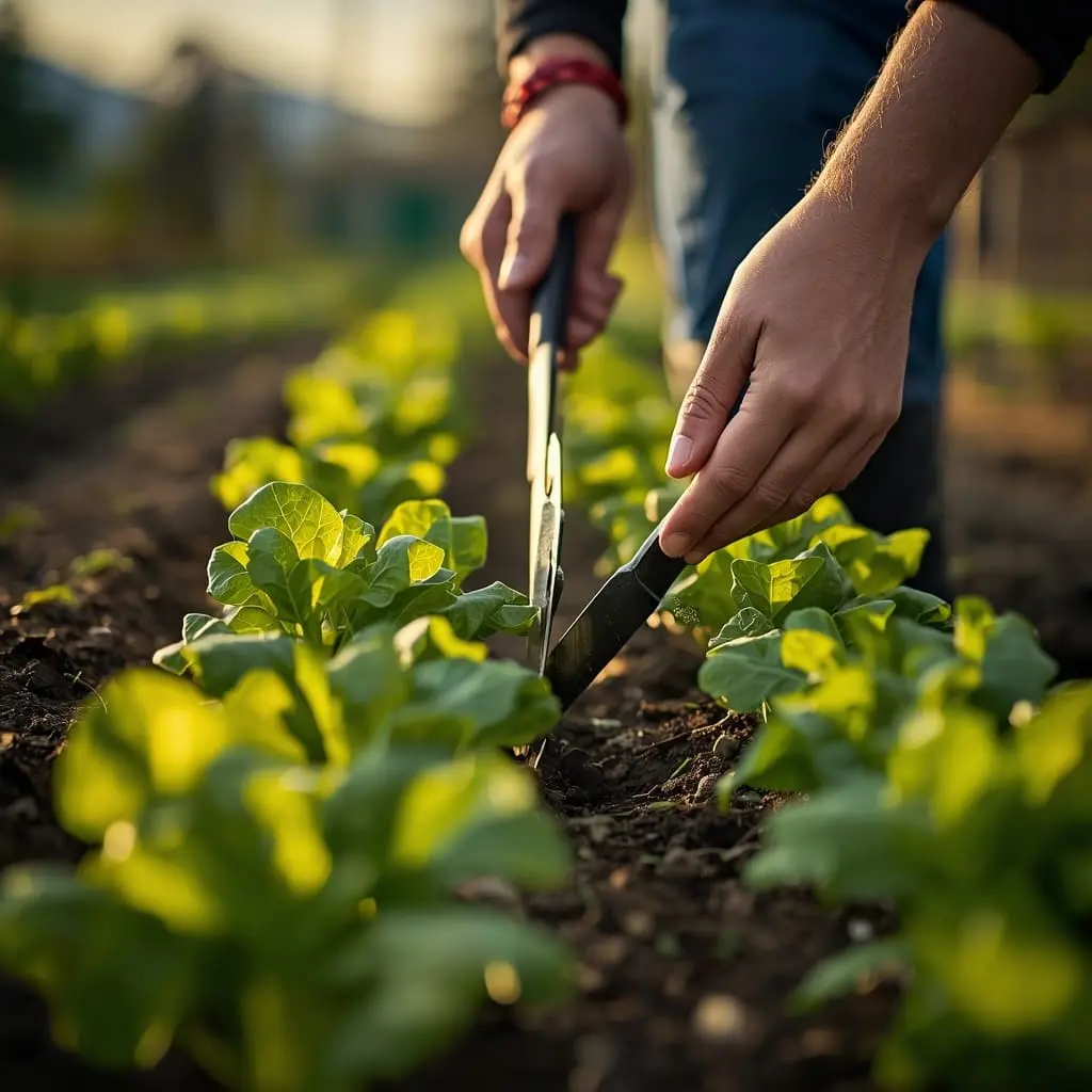 Person harvesting fresh lettuce from the garden with scissors