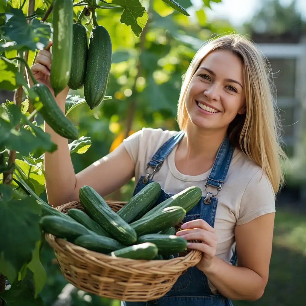 Woman harvesting fresh green cucumbers from garden vine into a basket