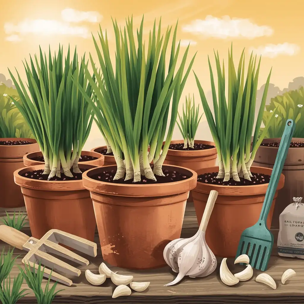Garlic plants growing in containers with cloves and gardening tools