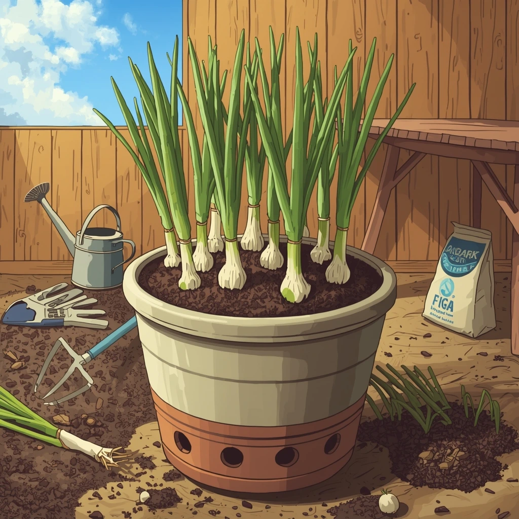 Onions growing in a container pot with gardening tools nearby