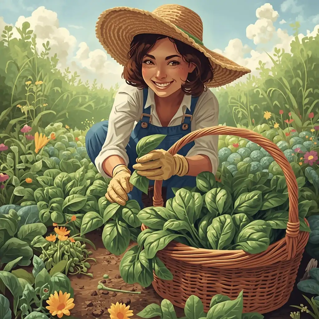 harvesting spinach leaves by cutting outer leaves with scissors