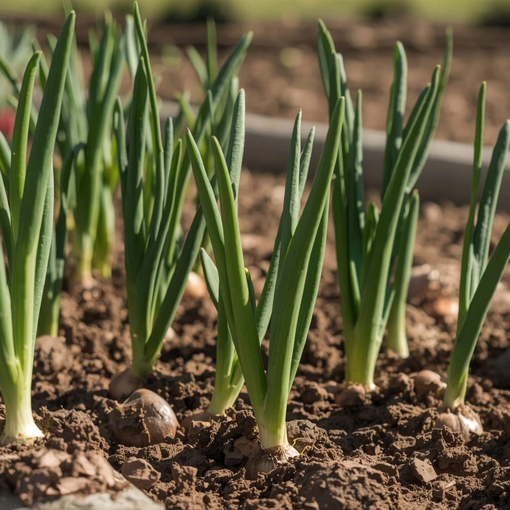 Young onion plants growing in garden bed under sunlight