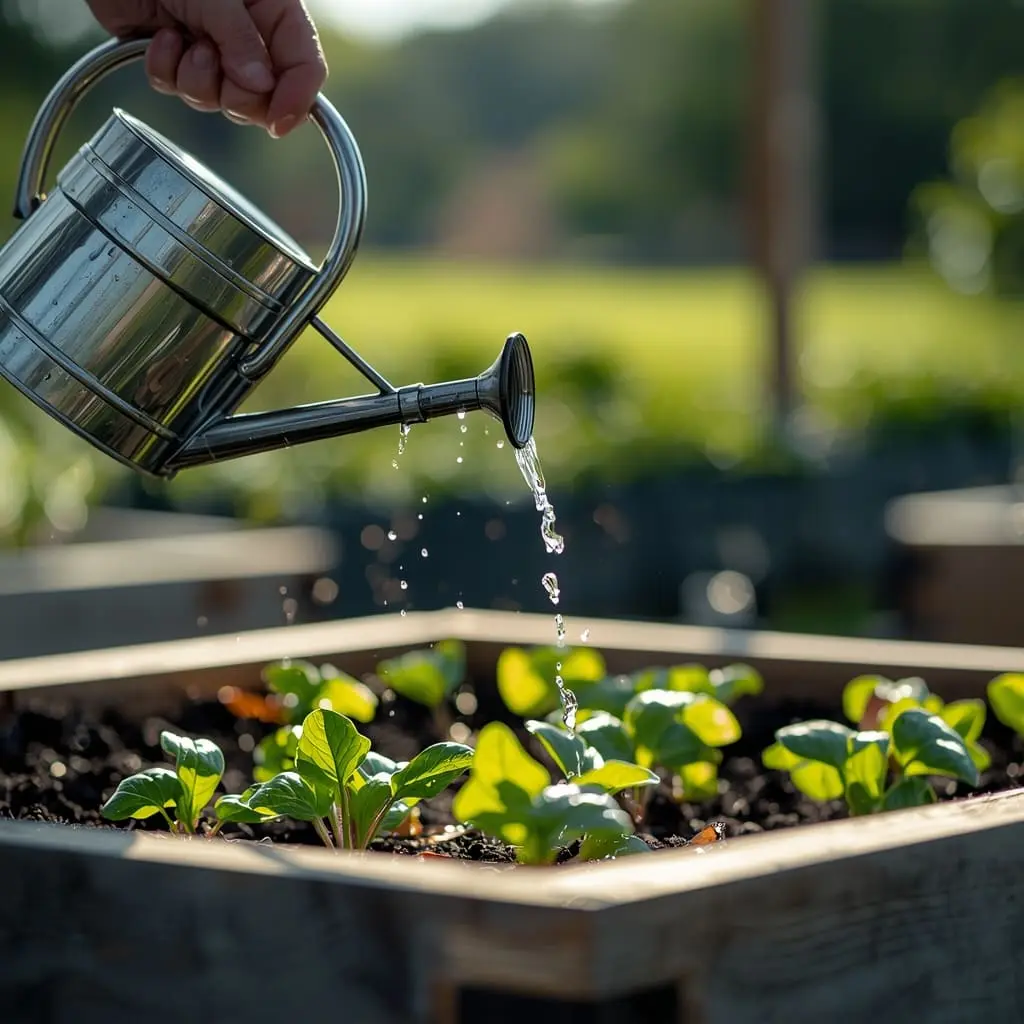Gardener watering young vegetable seedlings in a raised bed with a watering can in morning sunlight