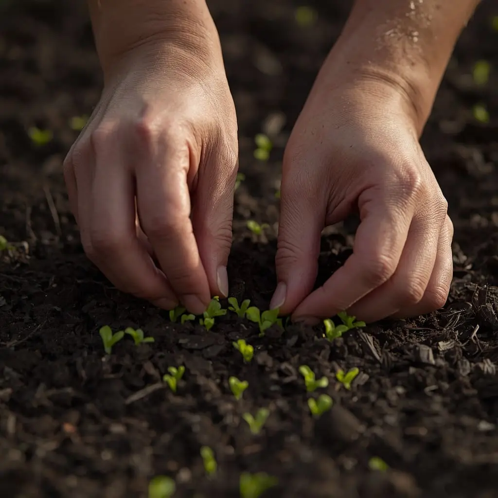 Hands planting lettuce seeds into garden soil