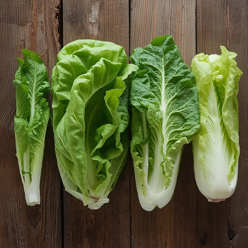 Four different types of lettuce on a wooden table