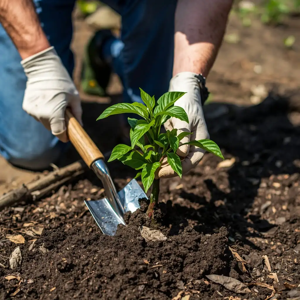 Transplanting bell pepper seedling into garden
