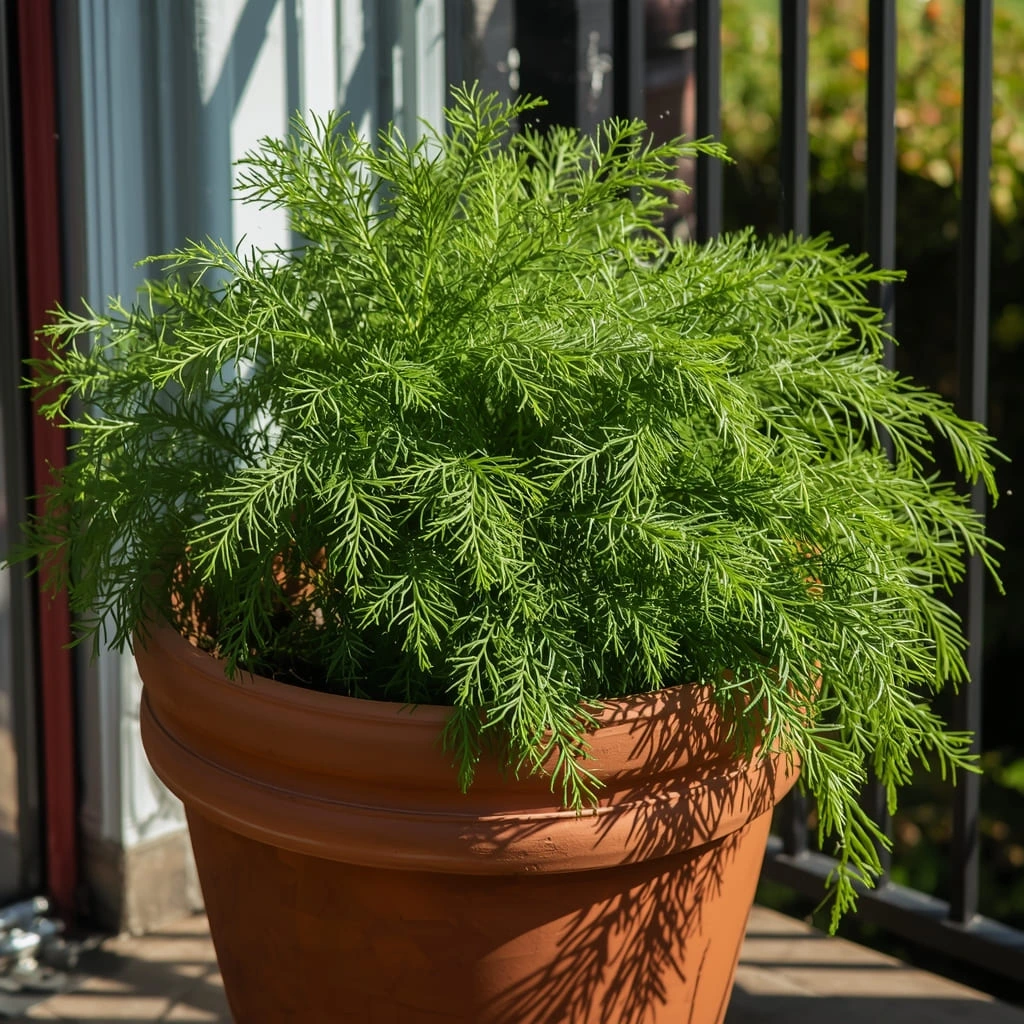 Green carrot tops growing from a deep terracotta pot on a sunny balcony