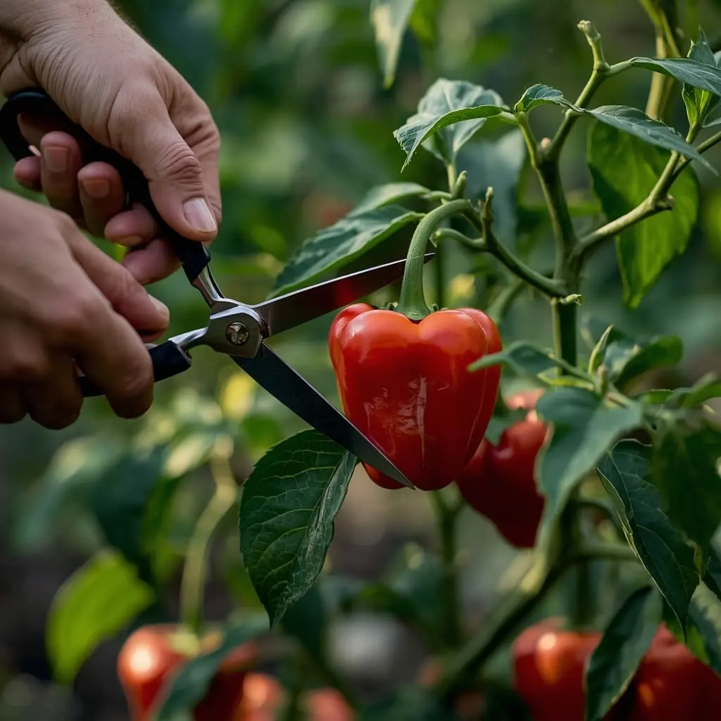 Harvesting ripe bell peppers from plant