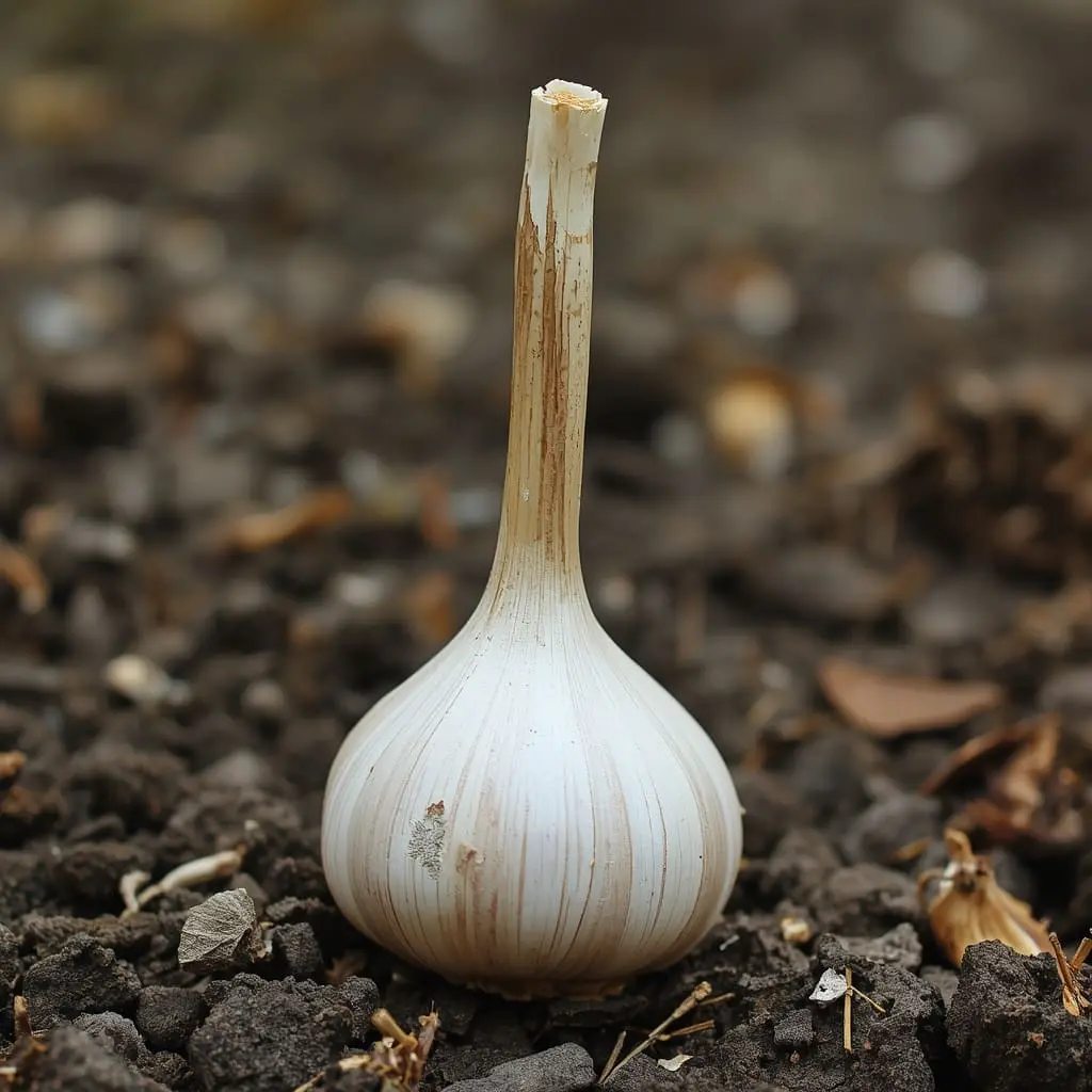 Single garlic bulb placed on garden soil ready for planting