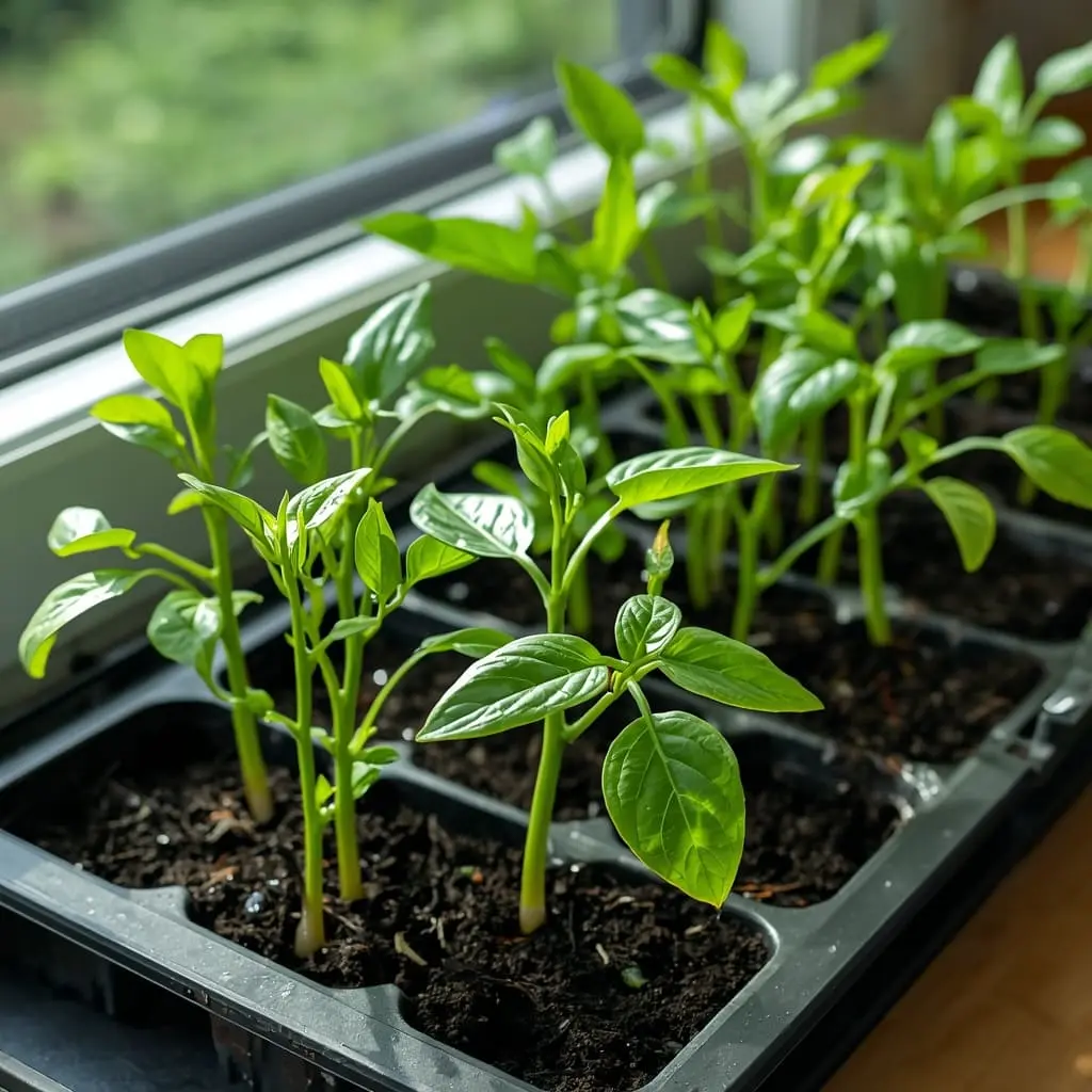 Young bell pepper seedlings growing in tray