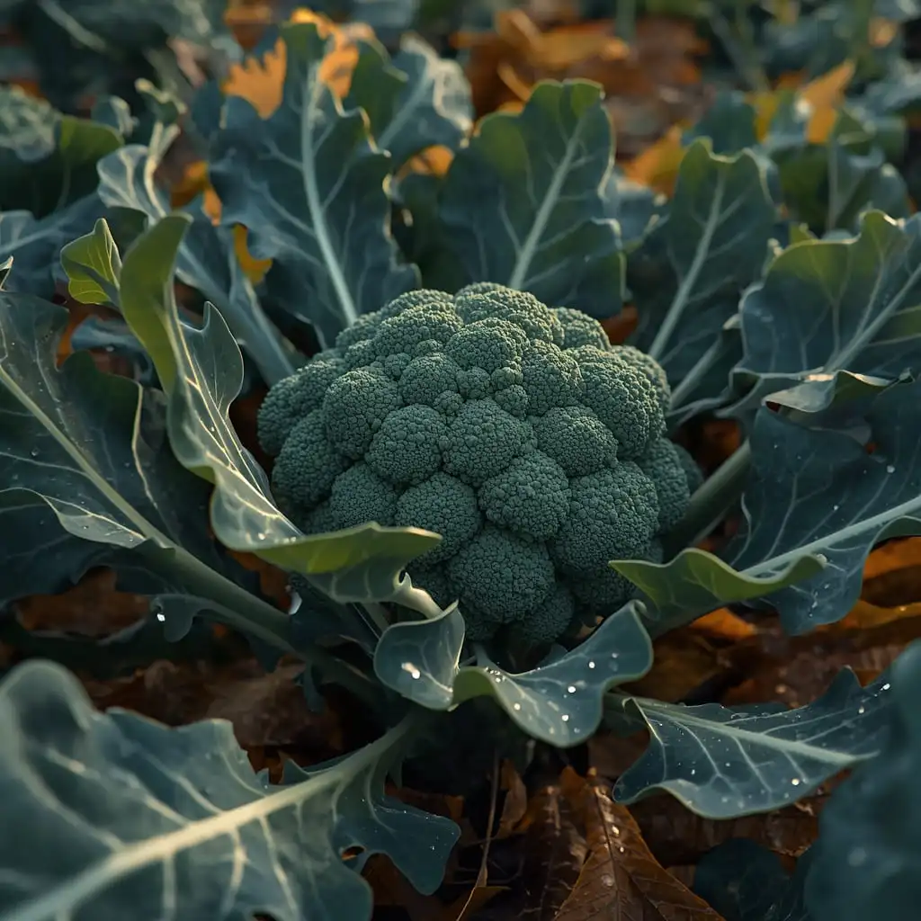 Fresh broccoli growing in home garden bed