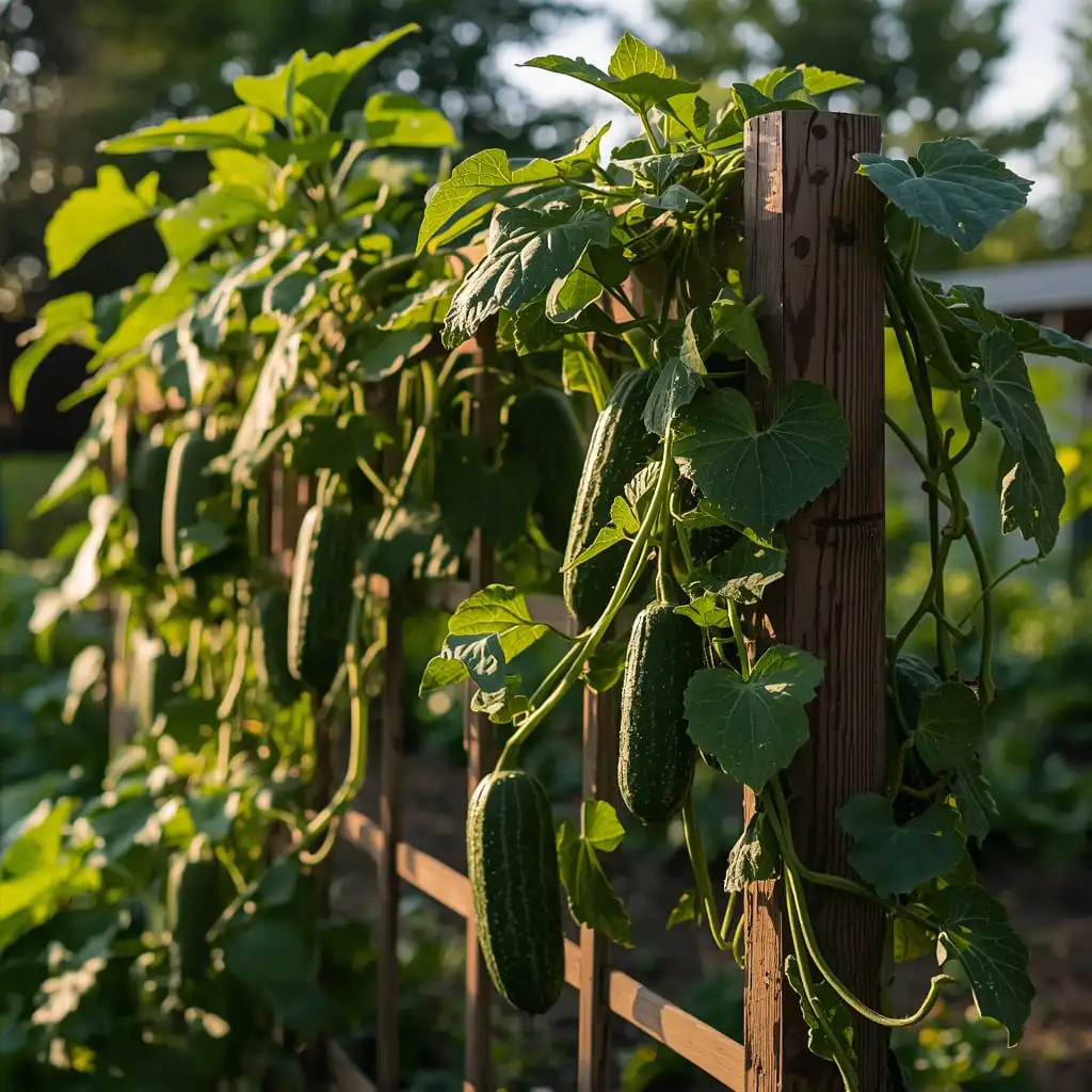 Cucumber vines climbing a wooden trellis with cucumbers hanging