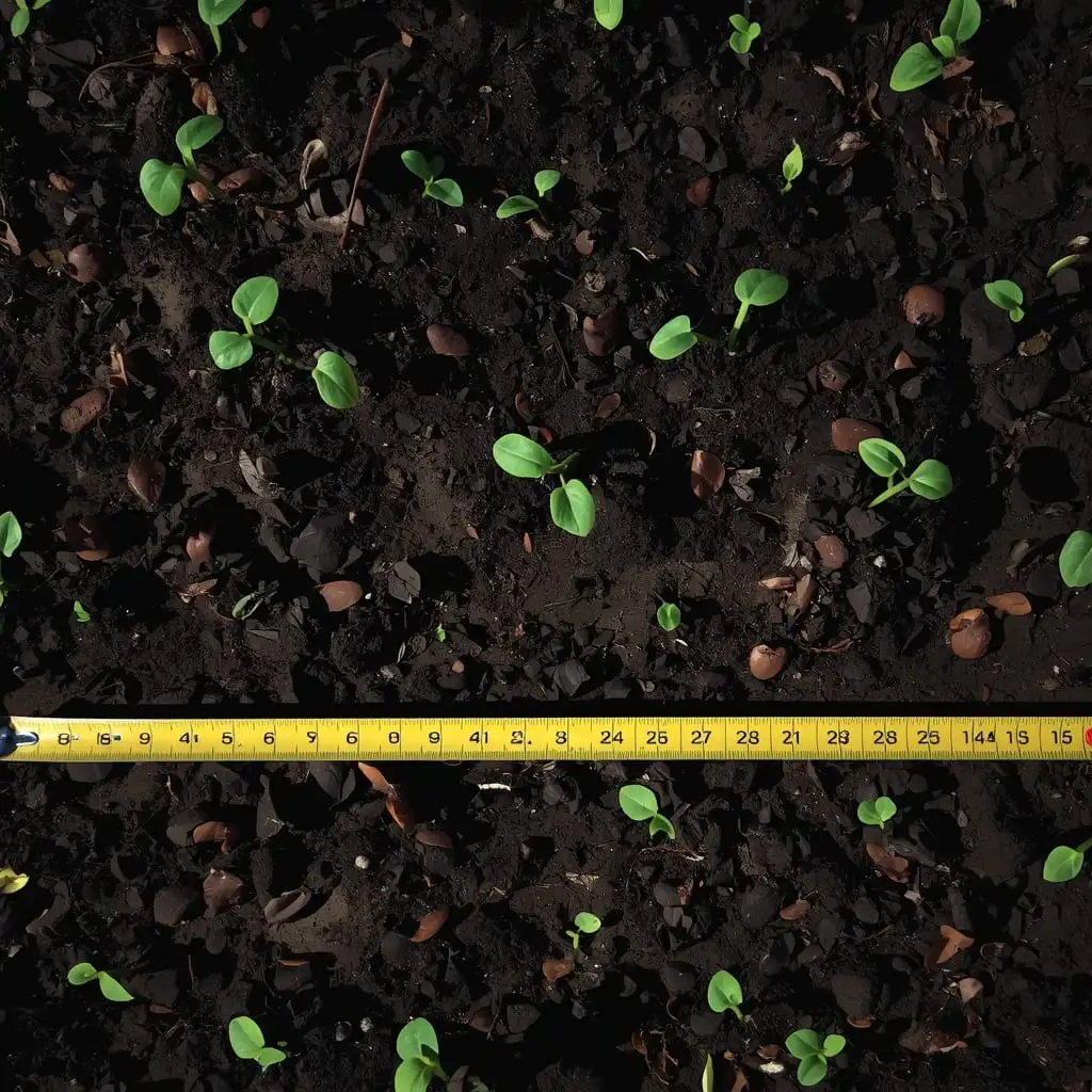 Backyard raised bed with young vegetable seedlings, mulch, and a notebook with measuring tape for garden planning