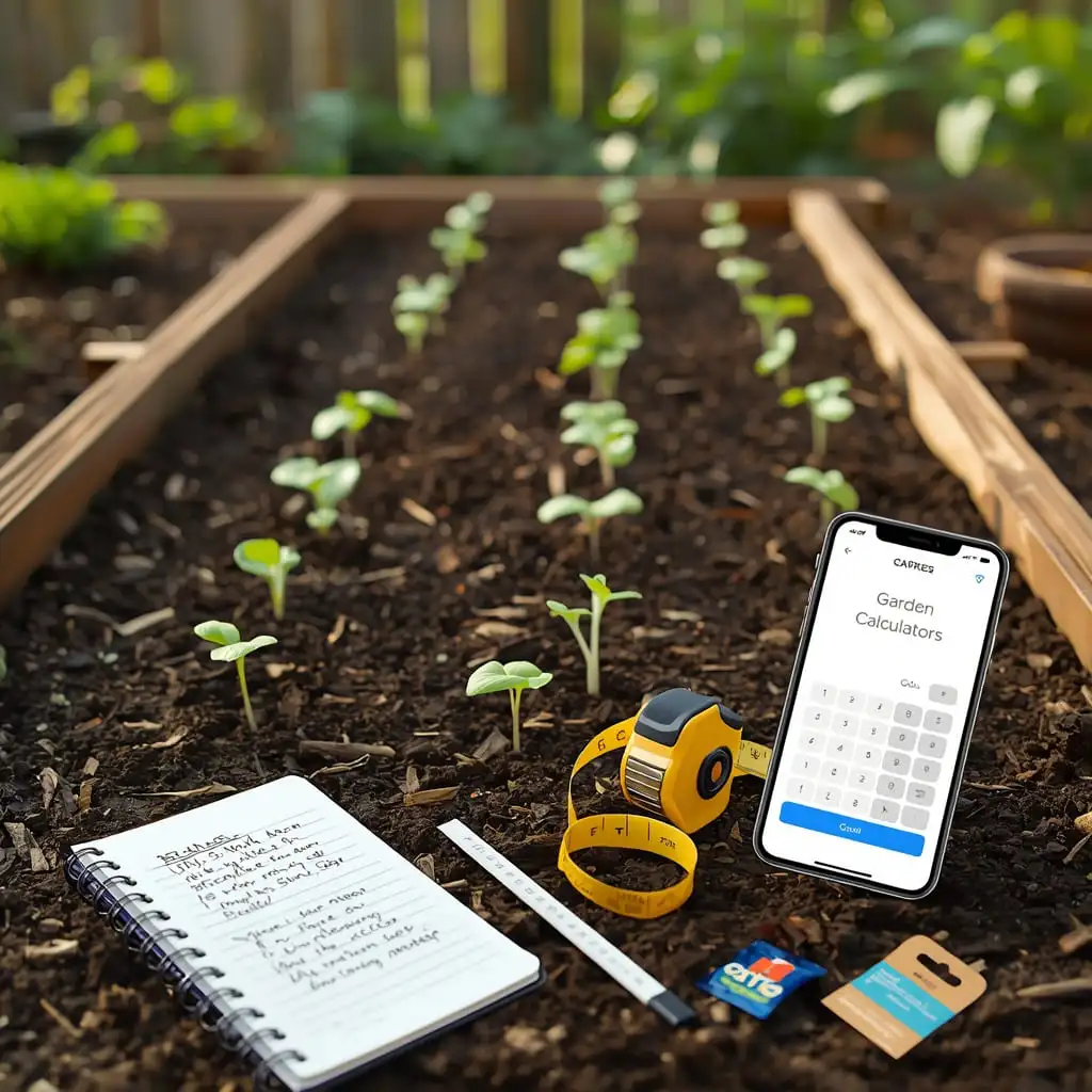 Raised bed garden with young seedlings, mulch, notebook, measuring tape, seed packet, and a tablet showing a calculator for garden planning