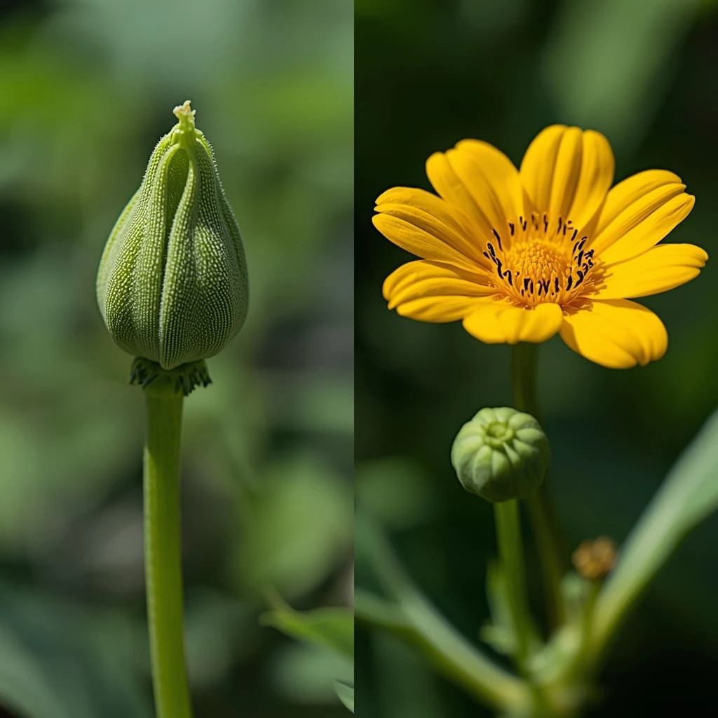 male and female zucchini flowers side by side on a plant