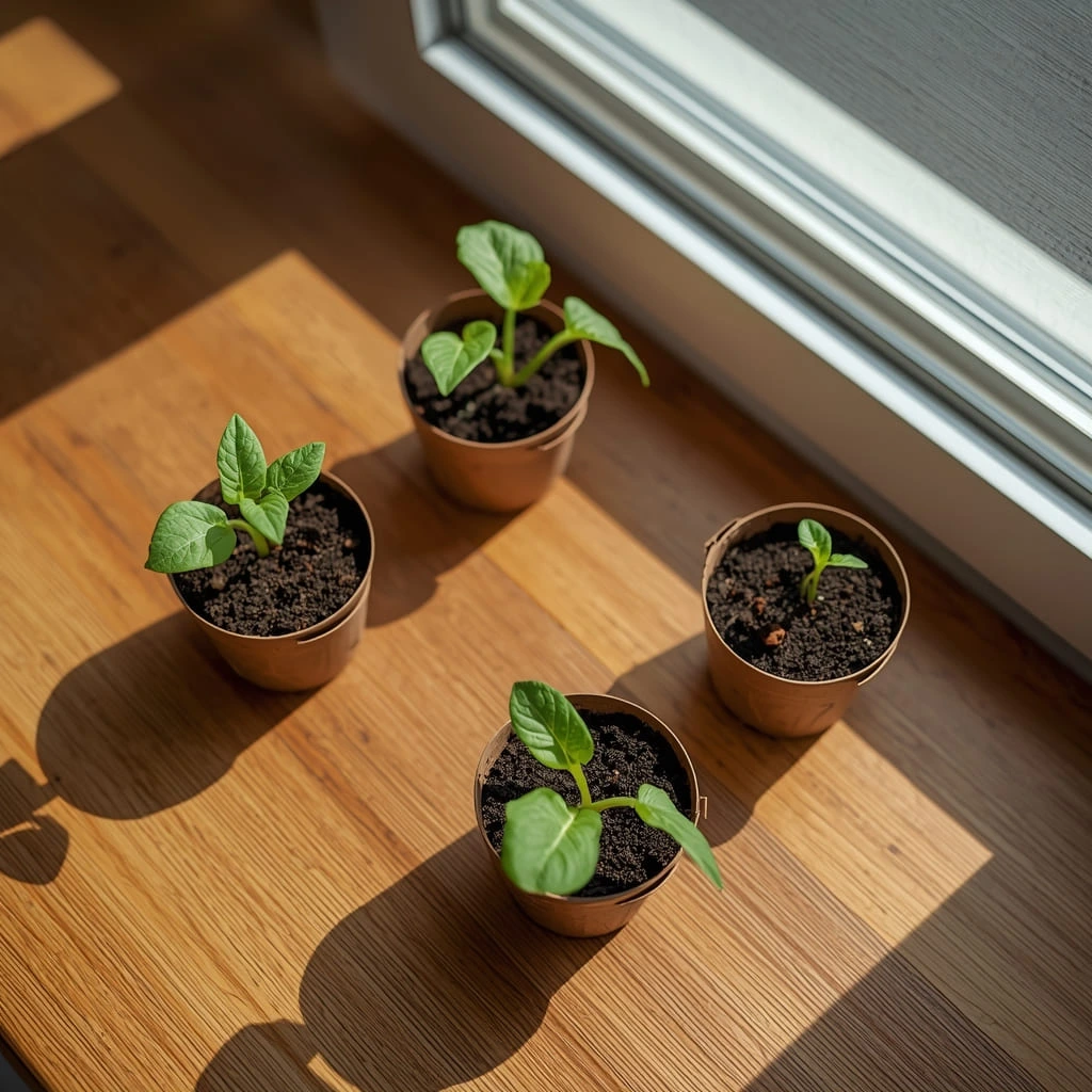 zucchini seedlings sprouting in small pots indoors near a window