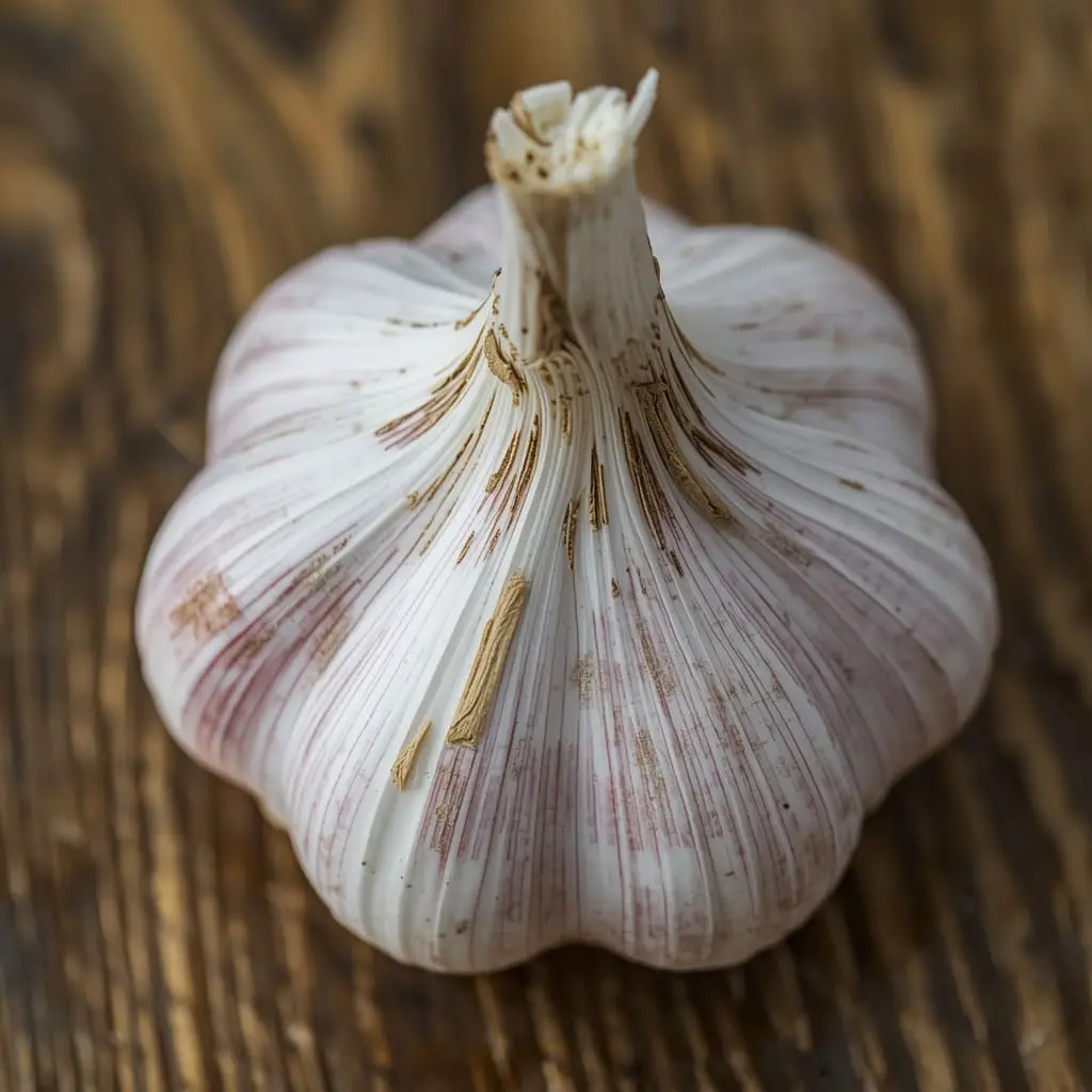 Fresh whole garlic bulb on wooden surface close-up