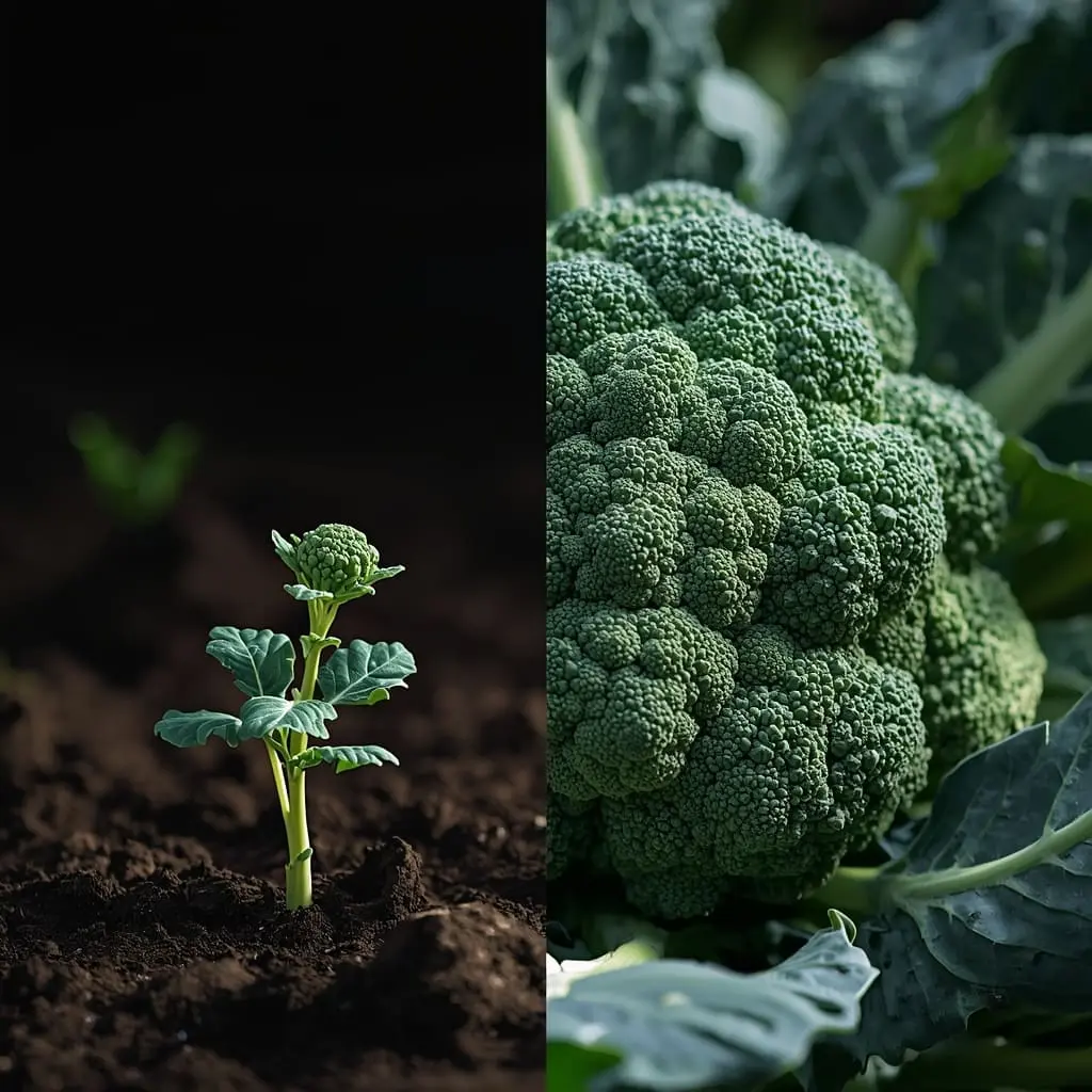 Fresh broccoli growing in home garden bed