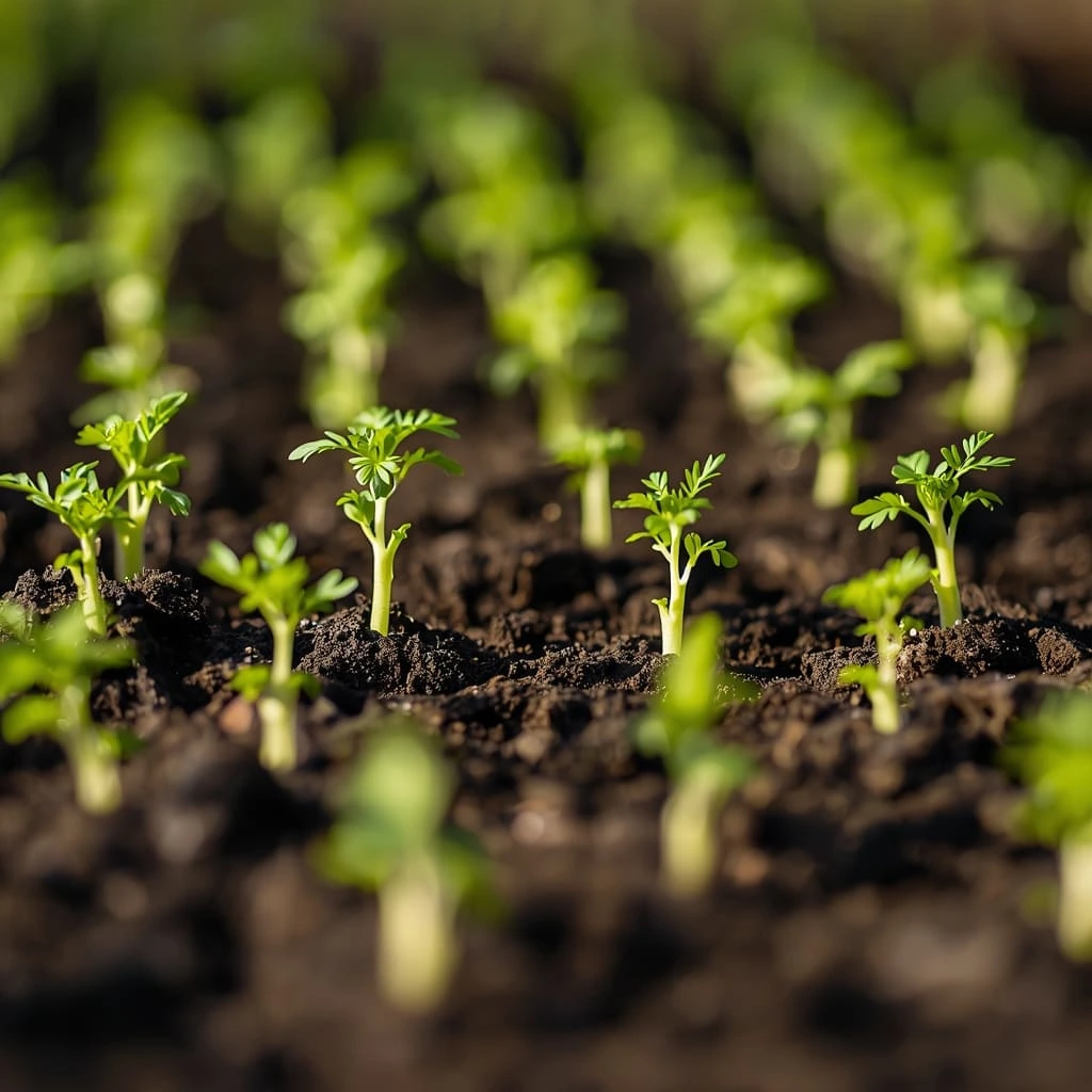 Tiny green carrot seedlings sprouting in rows from moist garden soil