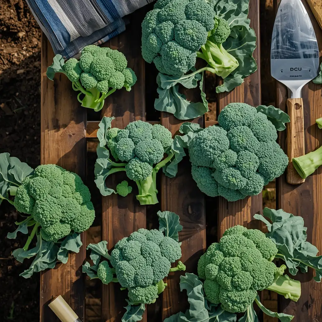 Fresh broccoli growing in home garden bed