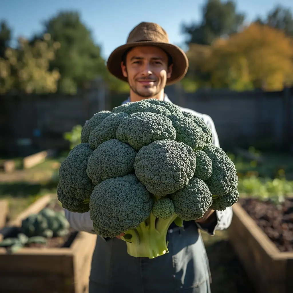 Fresh broccoli growing in home garden bed