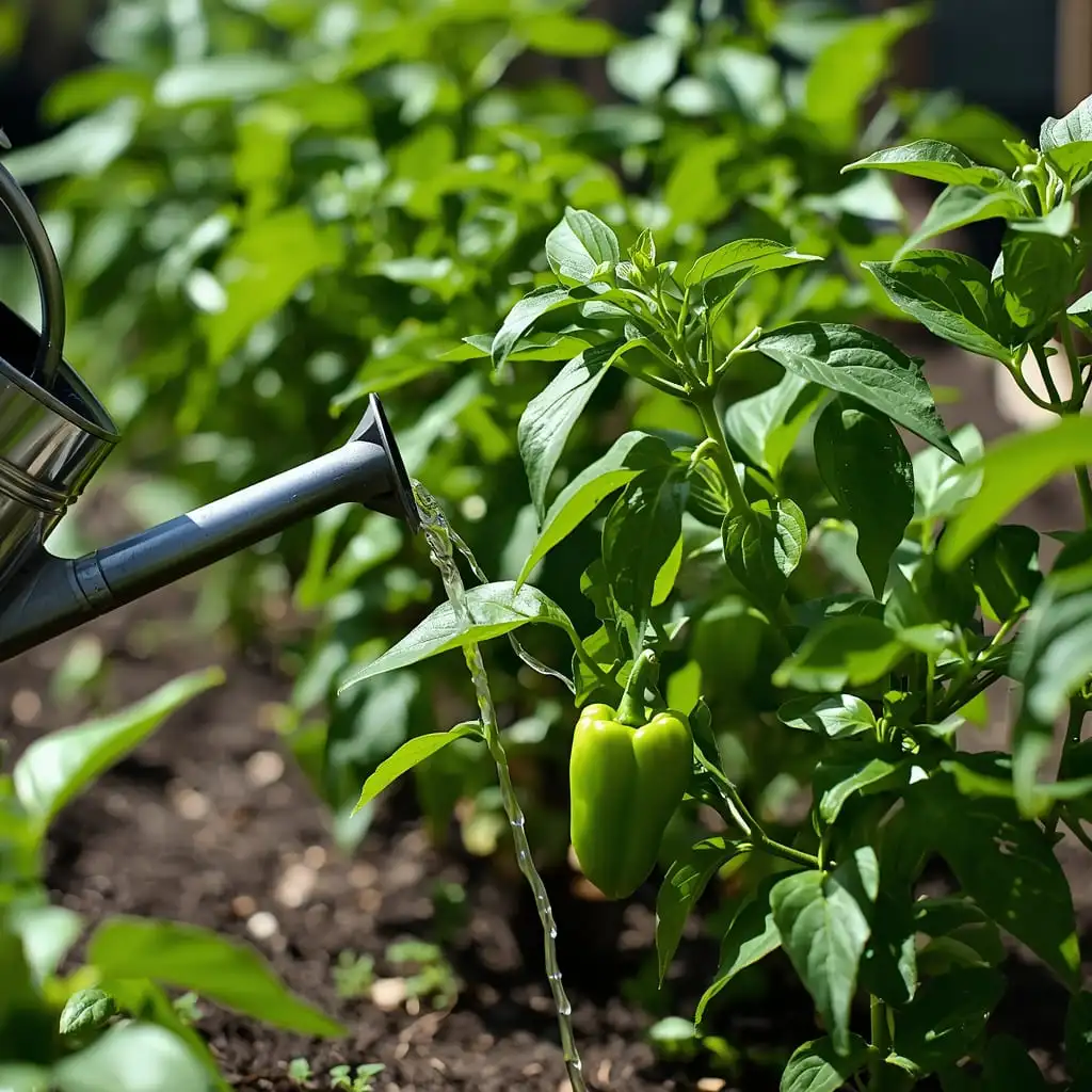 Watering bell pepper plants in garden