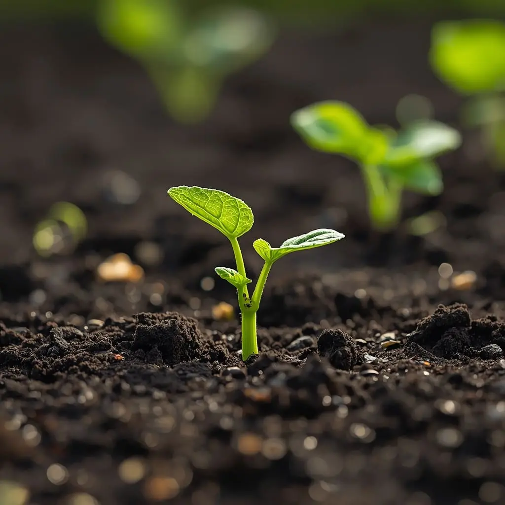 Young cucumber seedlings sprouting from garden soil in sunlight