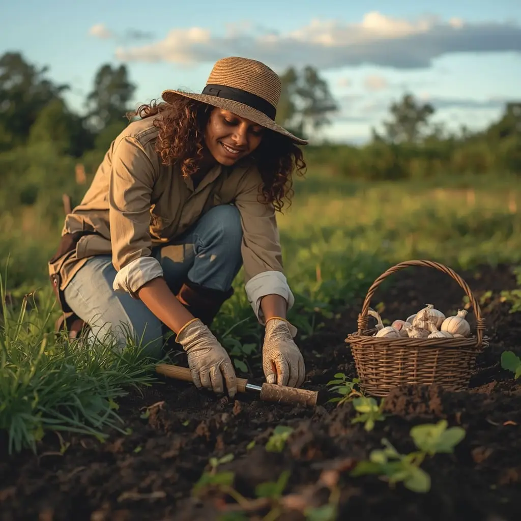 Gardener planting garlic cloves in soil with basket of bulbs nearby