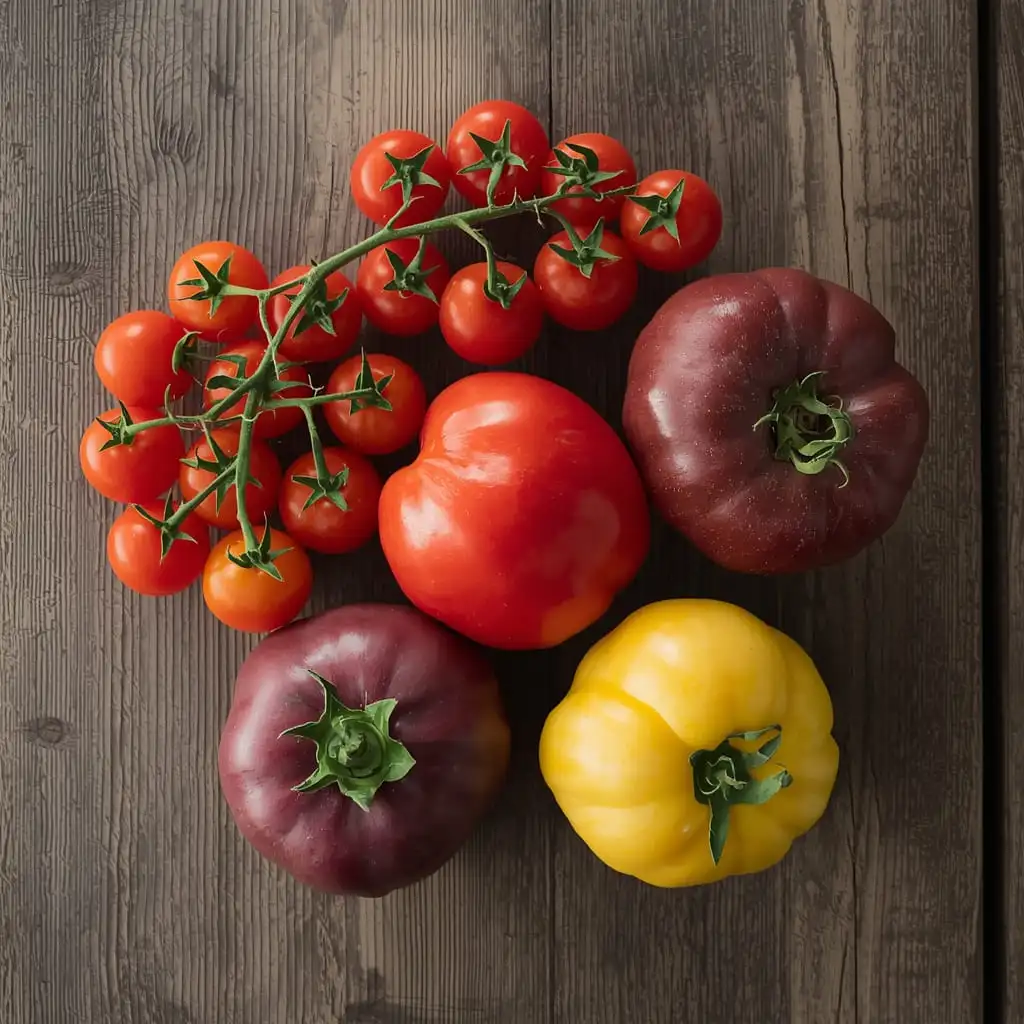 Five different tomato varieties displayed on a wooden table