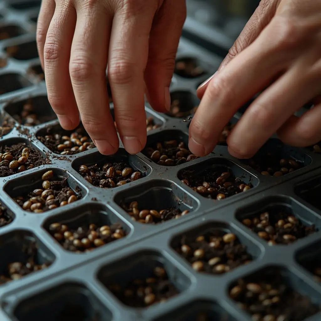 Hands planting tomato seeds in seed trays indoors
