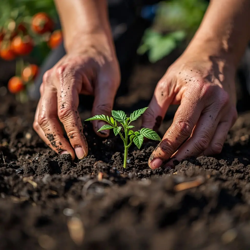Person transplanting a tomato seedling into garden soil outdoors