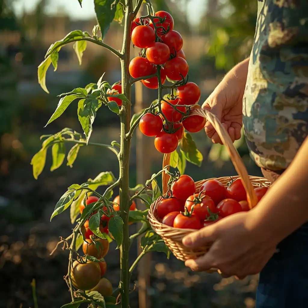 Person harvesting ripe red tomatoes from the vine into a basket