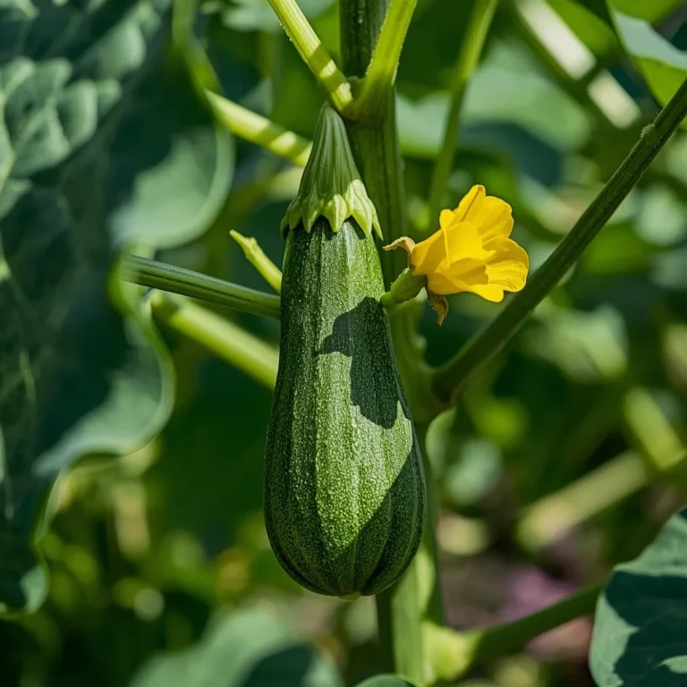 Zucchini growing on plant with large green leaves