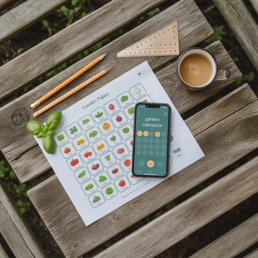 An overhead view of a printed garden layout plan next to a smartphone showing a garden calculator app