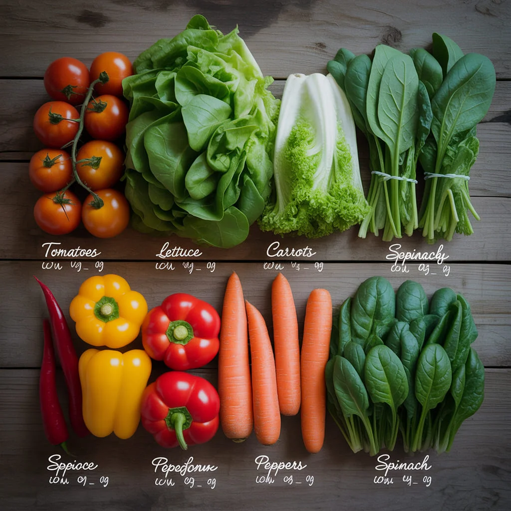 Top-down flat lay of five common vegetables with handwritten plant spacing labels on a wooden surface